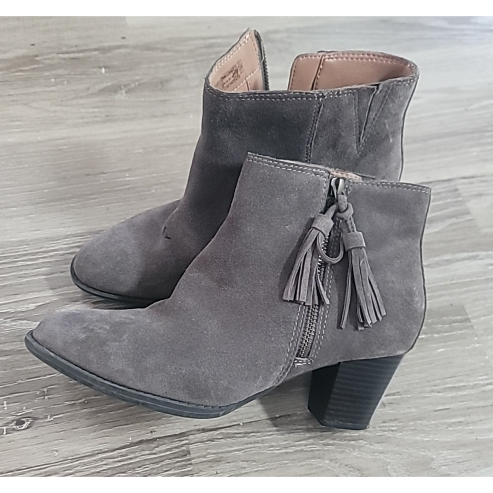 Vionic Womens Ankle Boot Sz 8.5 Suede Taupe Gray Leather Fringe Zip Block Heel